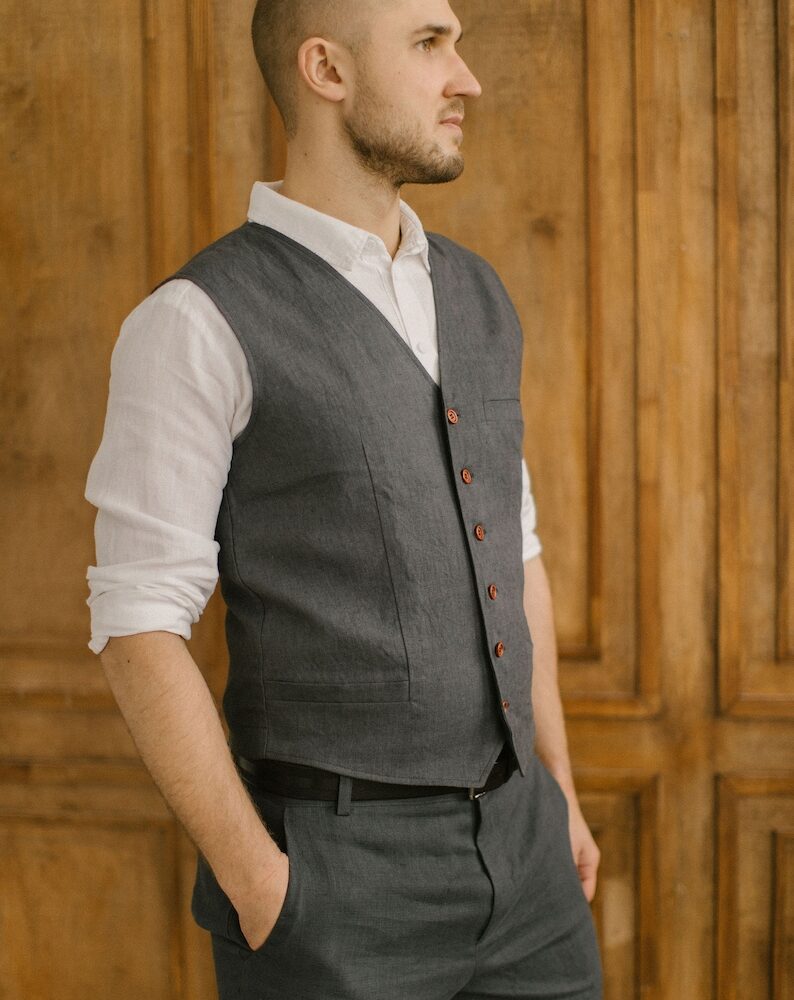 Linen Men's Waistcoat, Linen Vest For Men, Rustic Wedding Waistcoat, Charcoal Vest, Minimalistic Wedding Attire, Flax Clothing For Men.